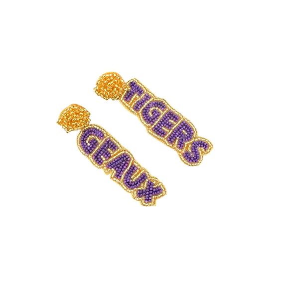 Purple & Gold Beaded Geaux Tigers/LSU Earrings/LSU Tigers Earrings/Gift for Her - Picture 3 of 3